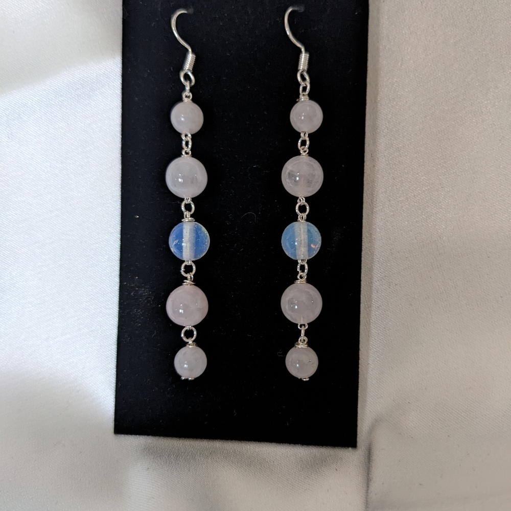 ROSE QUARTZ & MOONSTONE Earrings Dangle Long Handmade Crystal Beads Pink Cute